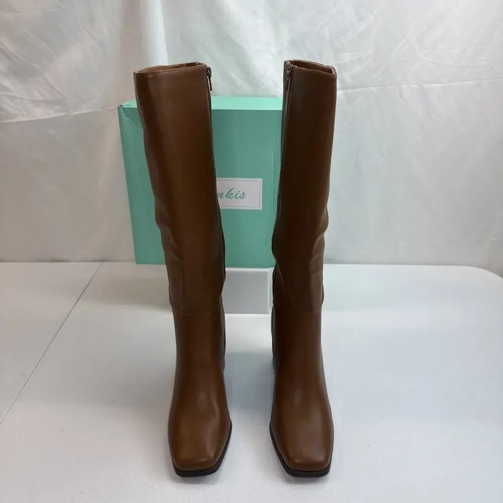 Ankis Tall Boots Womens Size 9.5 Brown Faux Leather Square Toe Chunky Heel